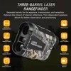 A camouflage-patterned laser rangefinder is shown with feature callouts and descriptive text. Produktbild-Vorschau