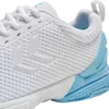 Close-up view of a white and light blue athletic shoe. Produktbild-Vorschau