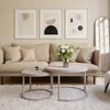 A modern living room scene with a sofa and coffee tables.