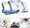 A collage of images showing an orthopedic memory foam pillow, its features, and people using it. Produktbild-Vorschau