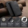 A black leather phone case is displayed on a textured brown background, with close-up insets highlighting its features. Produktbild-Vorschau