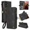 A collage of images showcasing a black leather wallet-style phone case for a Samsung Galaxy A17 / A17 5G, with various angles and features displayed. Produktbild-Vorschau