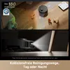 A split image showing a robot vacuum cleaner navigating obstacles and a close-up of its light projection feature. Produktbild-Vorschau