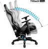 A black gaming chair is shown with multiple ghosted images indicating its reclining positions. A blue spring-like graphic illustrates the chair's tilt mechanism, and a circular graphic with 'ON' and 'OFF' labels is visible near the base. Voir les images du produit