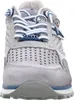 A close-up front view of a grey sneaker with blue and white laces. Produktbild-Vorschau