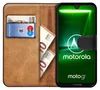 A book-style phone case with cards and money inside, next to a smartphone displaying the Motorola logo and model. Náhľad obrázku produktu