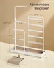 A white jewelry organizer stand with various dimensions labeled, placed on a light brown surface. Produktbild-Vorschau