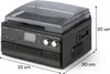 A black record player with a CD player and radio, shown with dimensions indicated. Produktbild-Vorschau