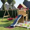 A wooden playground set with a slide, swings, and a sandpit in a backyard. Produktbild-Vorschau