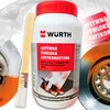 A collage of a product bottle, a brush, and a rusty car brake disc, suggesting the product is a rust converter and anti-corrosion coating. Produktbild-Vorschau