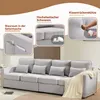 A light gray sofa with accent pillows and a throw blanket, with callouts highlighting storage pockets, high-elastic foam, and cushion support. Produktbild-Vorschau