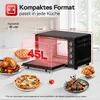 A black mini oven is shown with food items like a roasted chicken, pizzas, and lamb chops arranged around it. Dimensions and capacity are highlighted with text and graphics. Produktbild-Vorschau