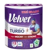 A roll of Velvet Turbo paper towels with a man depicted on the packaging. Voir les images du produit