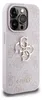 A close-up, angled view of the back of a pink iPhone 15 Pro case with a repeating Guess logo pattern and a prominent Guess logo emblem. Náhled obrázku produktu
