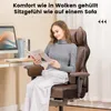 A woman is sitting in a brown gaming chair and reading a magazine. Podgląd zdjęcia produktu