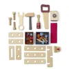 A collection of wooden toy tools and construction pieces arranged on a white background. Produktbild-Vorschau