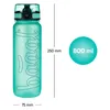A product shot of a green water bottle with dimensions and capacity indicated. Produktbild-Vorschau