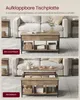A coffee table is shown in two configurations: as a standard coffee table and as a raised dining table, in a living room setting. Produktbild-Vorschau