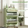 A light green shoe cabinet with multiple shelves and drawers, placed in a room with a door and a plant. Voir les images du produit
