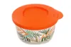 A Tupperware container with a tropical leaf pattern and an orange lid, isolated on a white background. Produktbild-Vorschau