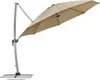 A cantilever umbrella with a sand-colored canopy and a gray pole and base, set against a white background. Produktbild-Vorschau