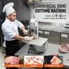 A chef is demonstrating a commercial bone cutting machine in a kitchen setting, with inset images showing different types of meat and bones. Náhled obrázku produktu