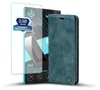 A teal flip phone case and a screen protector are displayed against a white background. Produktbild-Vorschau