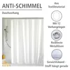 A white shower curtain hanging in a shower stall, with product feature callouts on the right. Náhled obrázku produktu