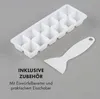 A white ice cube tray and a white ice scraper are shown on a gray background. Produktbild-Vorschau