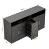 A 3D rendering of a modern black sideboard with gold handles, showing dimensions. Voir les images du produit