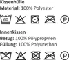 The image displays care instructions and material composition for a pillowcase and inner cushion. Produktbild-Vorschau