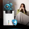A woman is sick in bed while an air purifier is shown to be purifying the air from viruses. Produktbild-Vorschau