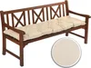 A wooden bench with a beige cushion on it, shown against a white background. A close-up of the cushion fabric is shown in a circle in the bottom right corner. Produktbild-Vorschau