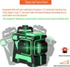 A 3D laser level with green laser lines projected, shown with text describing its special functions. Náhled obrázku produktu