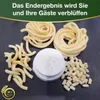 A collage of various pasta shapes and a pasta maker disc, overlaid with promotional text. Produktbild-Vorschau