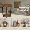A collage showcasing a round, two-tiered side table in various settings, with text highlighting its versatility. Produktbild-Vorschau
