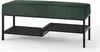A modern bench with a ribbed green corduroy seat and a black metal frame, featuring two shelves below for storage. Náhled obrázku produktu