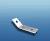 A metal bracket with two holes against a gradient blue background. Produktbild-Vorschau