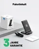 A wireless charger stand, its box, and a USB cable are displayed on a light gray surface against a white background. Text indicating 'Paketinhalt' (package contents) and '3 Jahre Garantie' (3 years warranty) is present. Produktbild-Vorschau