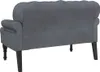 The back view of a dark gray velvet loveseat with tufted backrest and rolled arms, resting on four black wooden legs. Náhled obrázku produktu