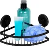 A black metal corner shower shelf with suction cups, holding a teal bottle of body soap, a blue tube of liquid, and a blue mesh bath pouf. Náhled obrázku produktu