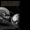 Close-up of two transparent earbuds with a black background and text describing their tuning philosophy. Produktbild-Vorschau