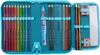 An open pencil case filled with colored pencils, pens, a ruler, and erasers. Produktbild-Vorschau