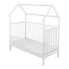 A white wooden crib with a house-shaped frame, shown from a side-front angle on a white background. Produktbild-Vorschau