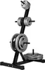 A black weight plate rack with weight plates on it, shown against a white background. Produktbild-Vorschau