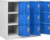 A white cabinet with multiple blue locker doors, some of which are open, revealing empty shelves inside. Produktbild-Vorschau