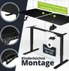 A collage of images showing the assembly and features of a black adjustable standing desk. Produktbild-Vorschau
