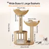A diagram of a cat tree with dimensions and features highlighted, alongside a cat. Náhľad obrázku produktu