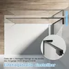 A top-down view of a shower enclosure corner with a black L-shaped support rod and glass panel, with text overlays and a close-up inset. Produktbild-Vorschau