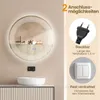 A bathroom scene featuring a round LED mirror above a sink, with promotional graphics on the right detailing connection options. Anteprima dell’immagine prodotto